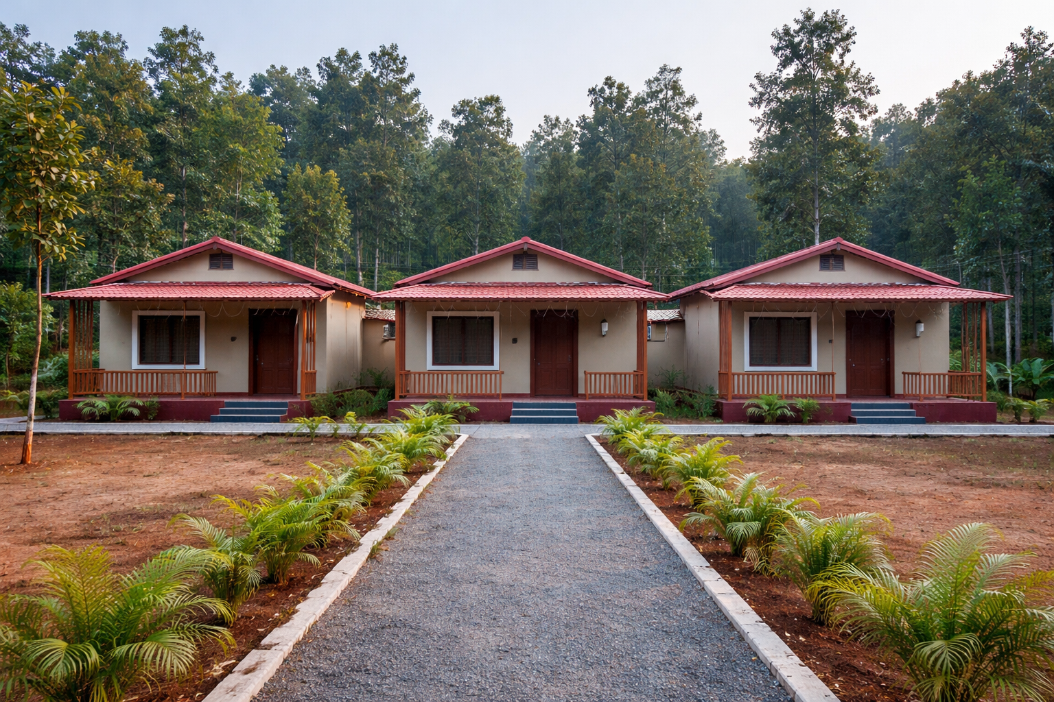 Lush green eco resort cottages nestled in tropical forest